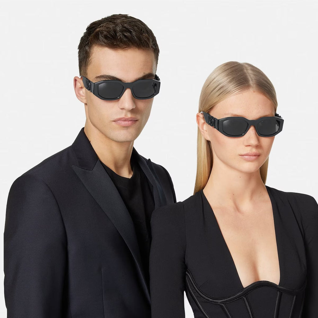 Versace Men Rectangular Frame Shiny Matte Black Sunglasses