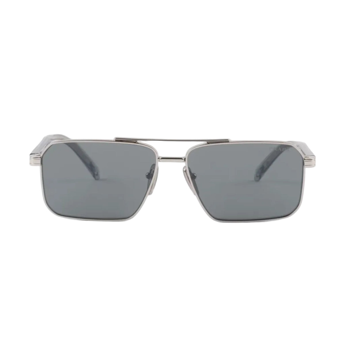 Prada Men Rectangular Frame Shiny Matte Silver Sunglasses