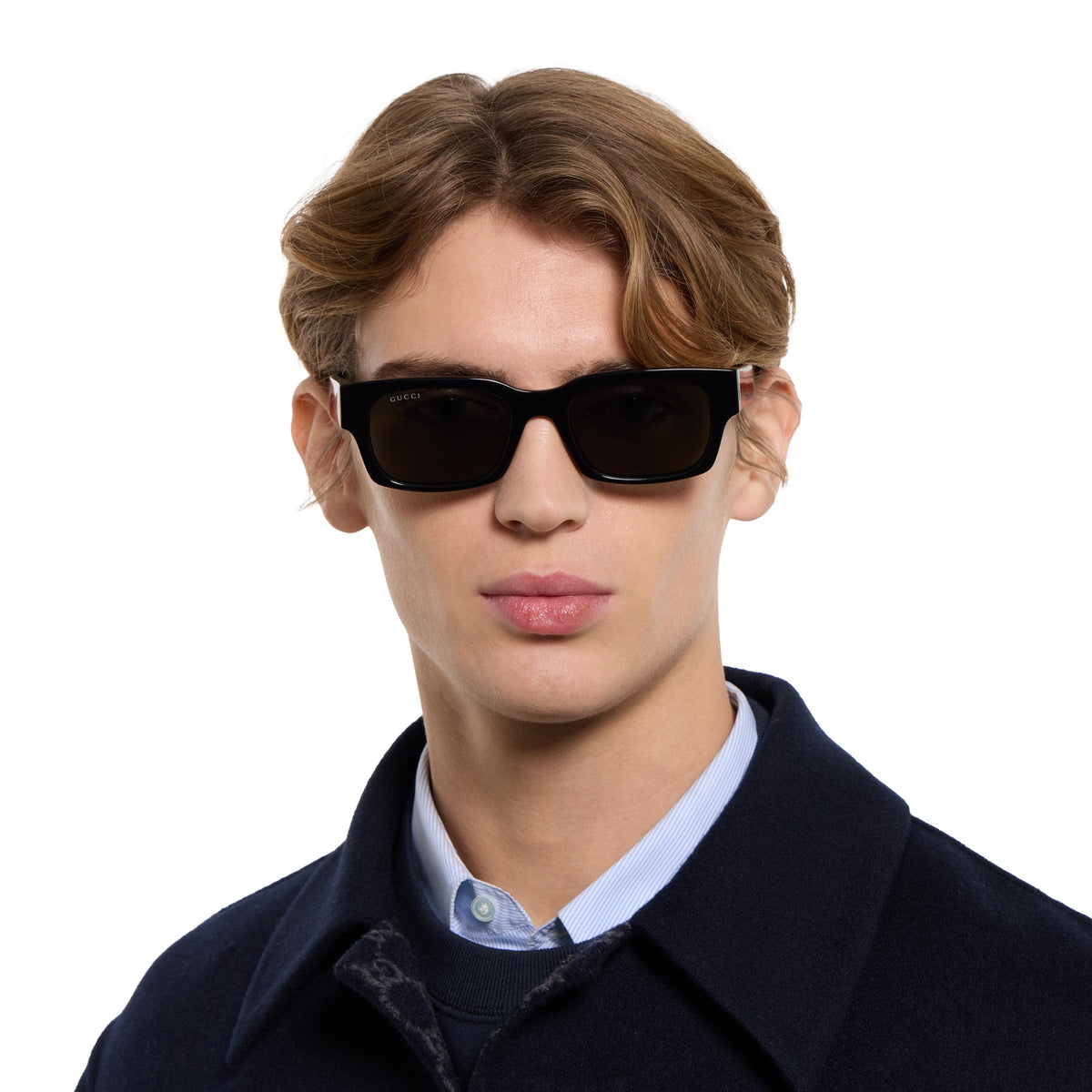 Gucci Men Rectangular Frame Smoky Black Sunglasses