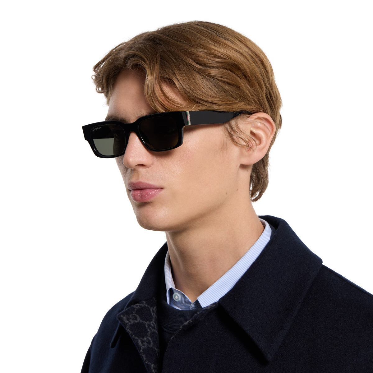 Gucci Men Rectangular Frame Smoky Black Sunglasses