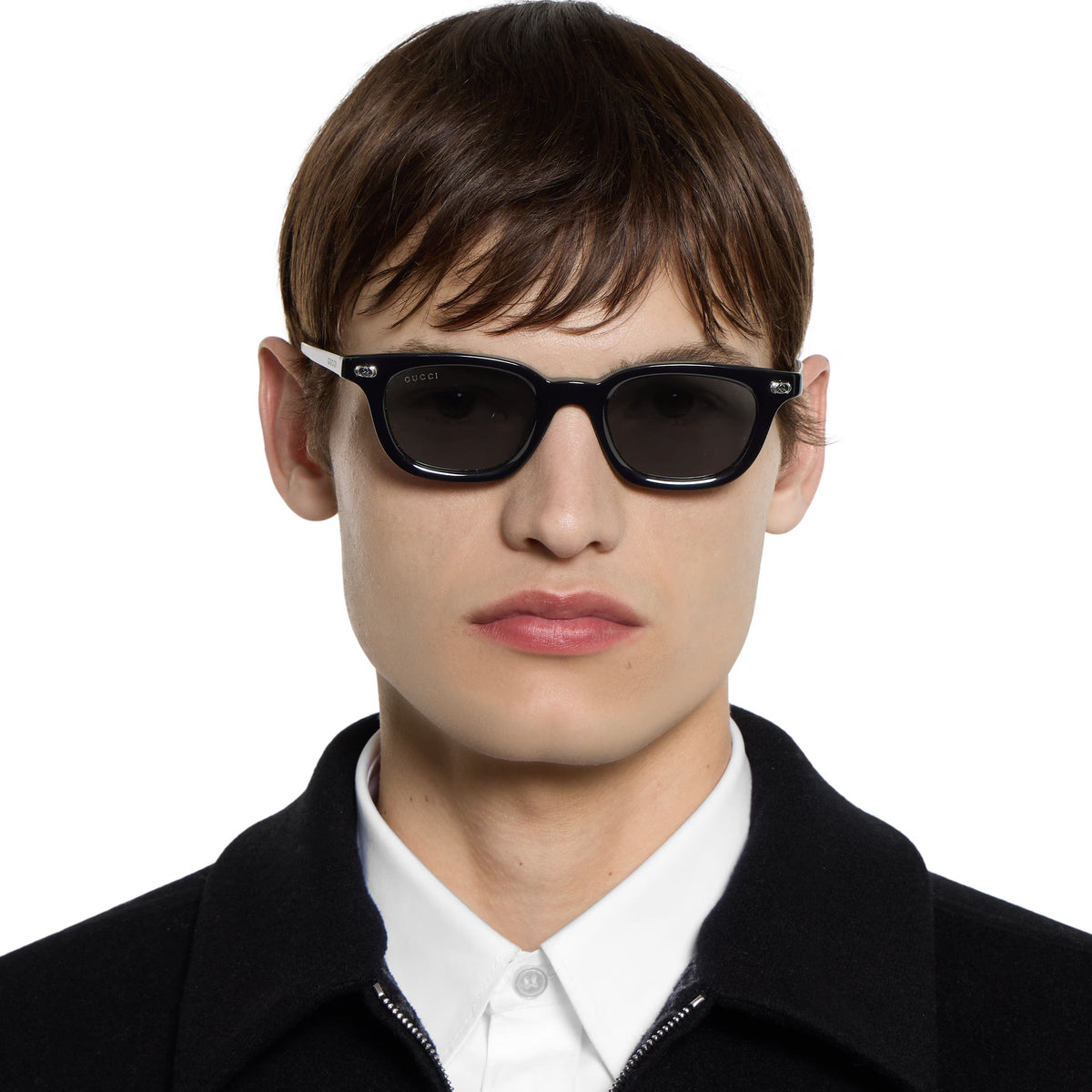 Gucci Men Oval Frame Polish Black Sunglasses