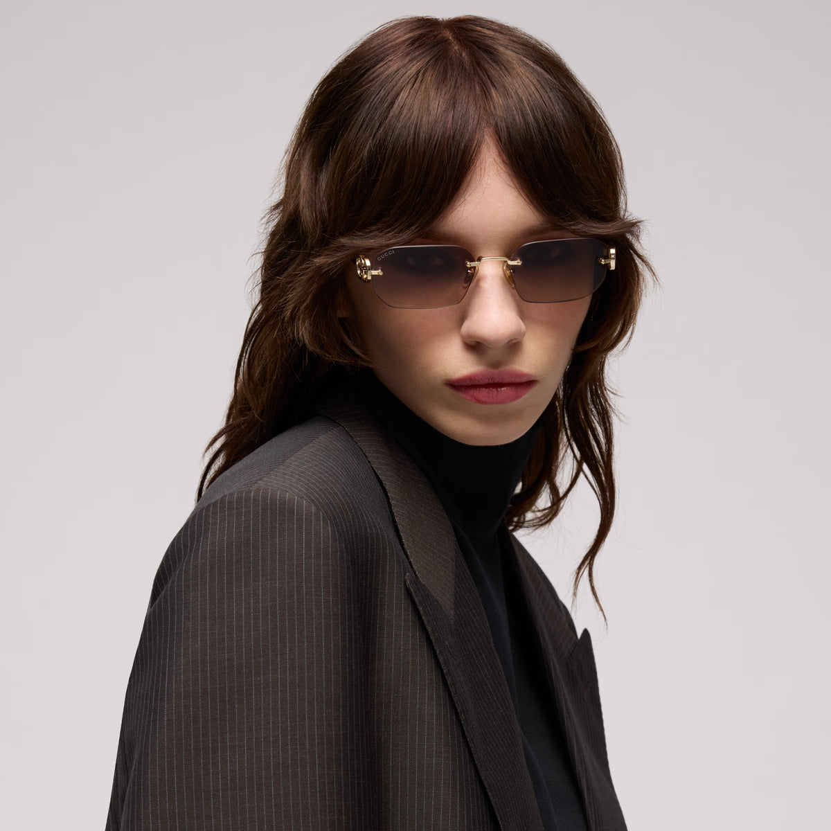 Gucci Women Rectangular Frame Gold Metal Sunglasses