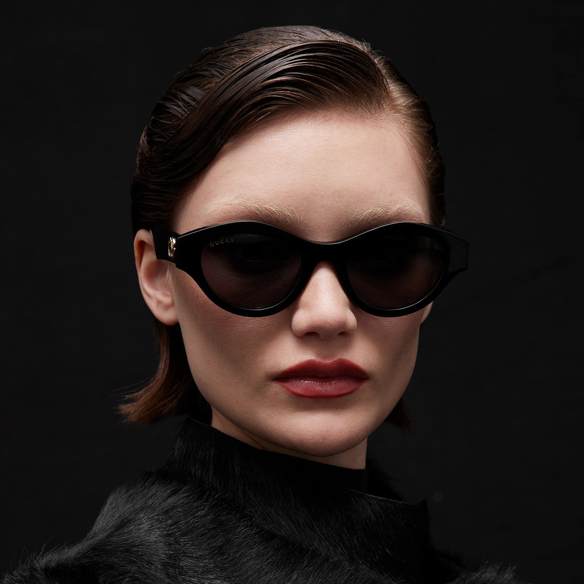Gucci Women Cat-eye Frame Dark Black Sunglasses