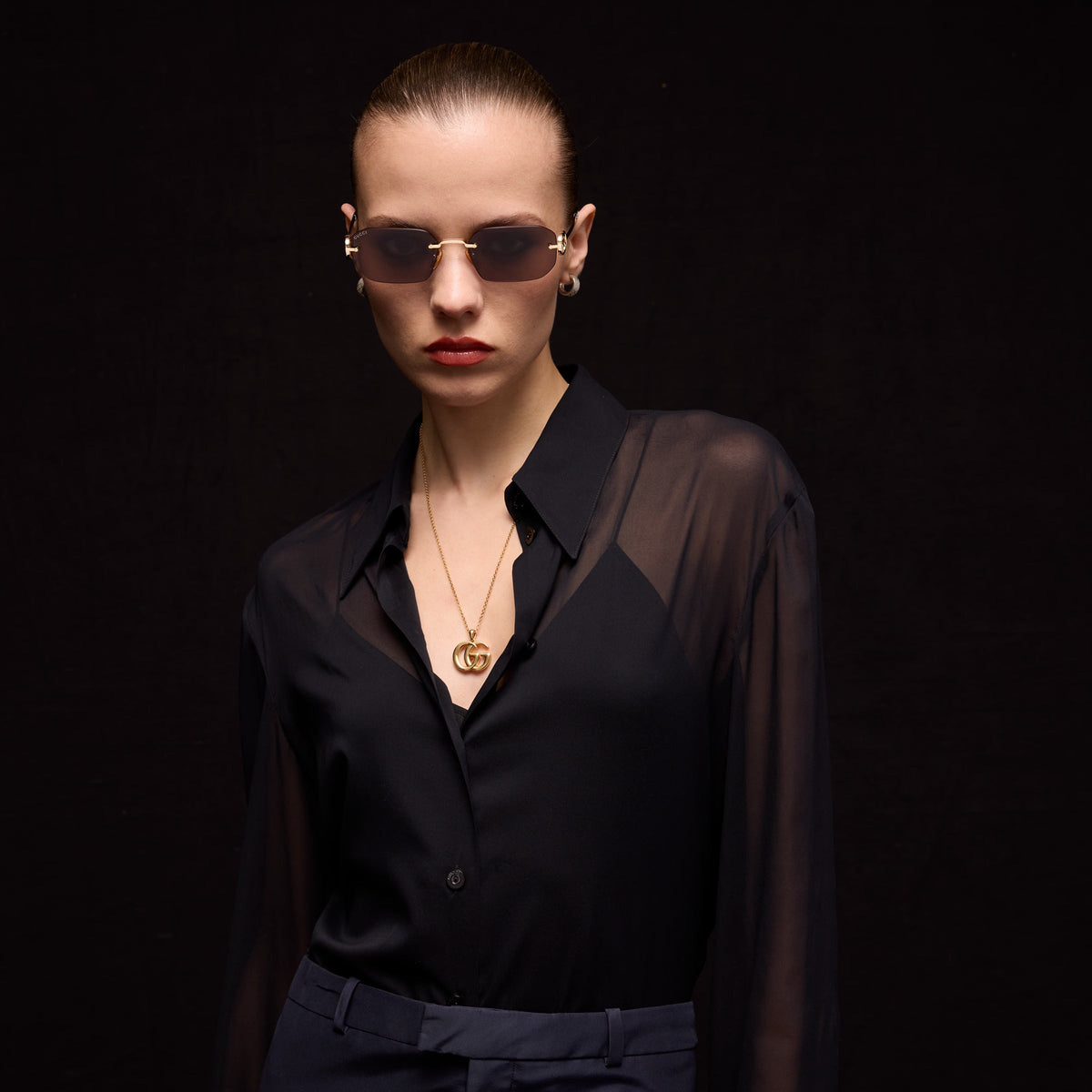 Gucci Women Rectangular Frame Shiny Gold Sunglasses