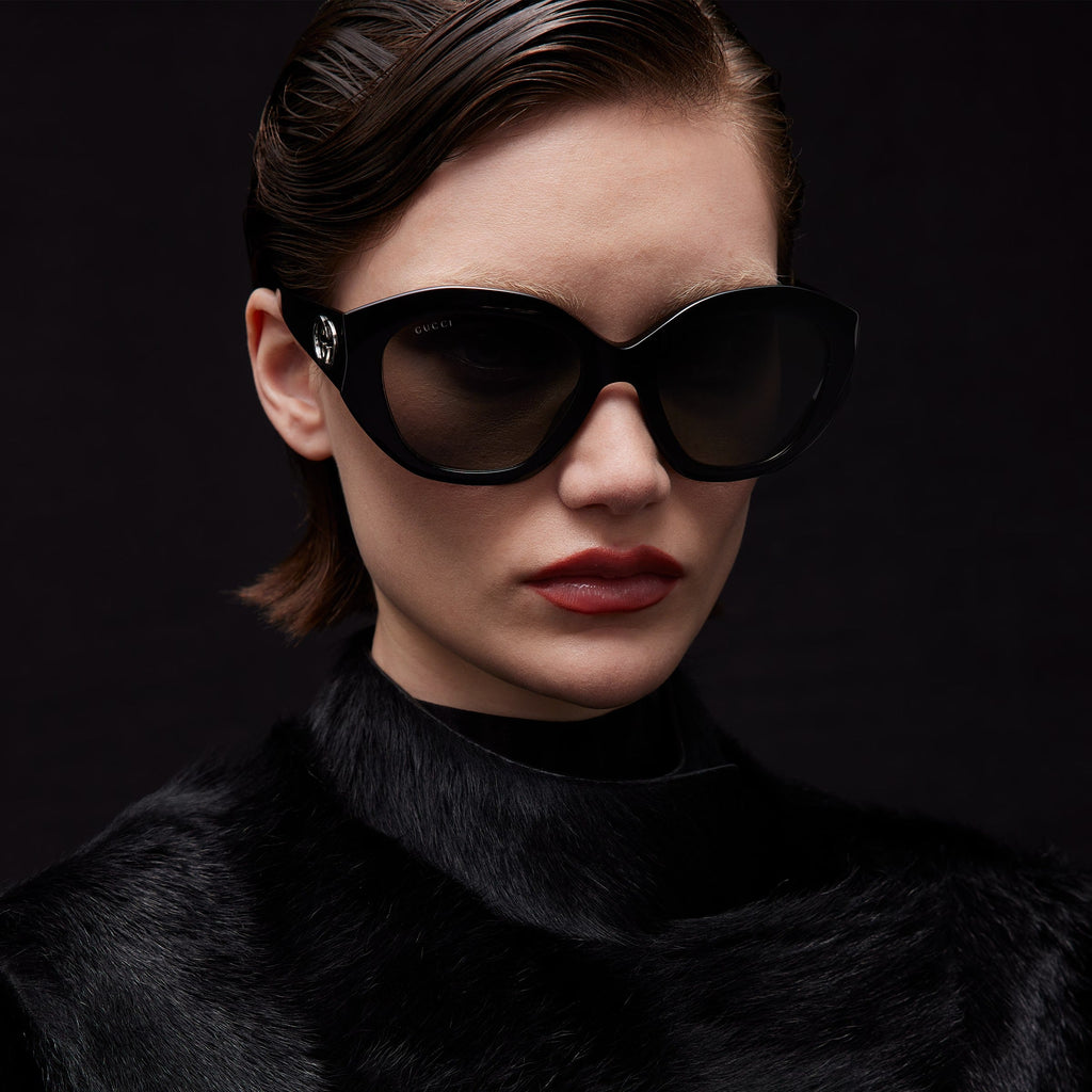 Gucci Women Geometric Frame Shiny Black Sunglasses