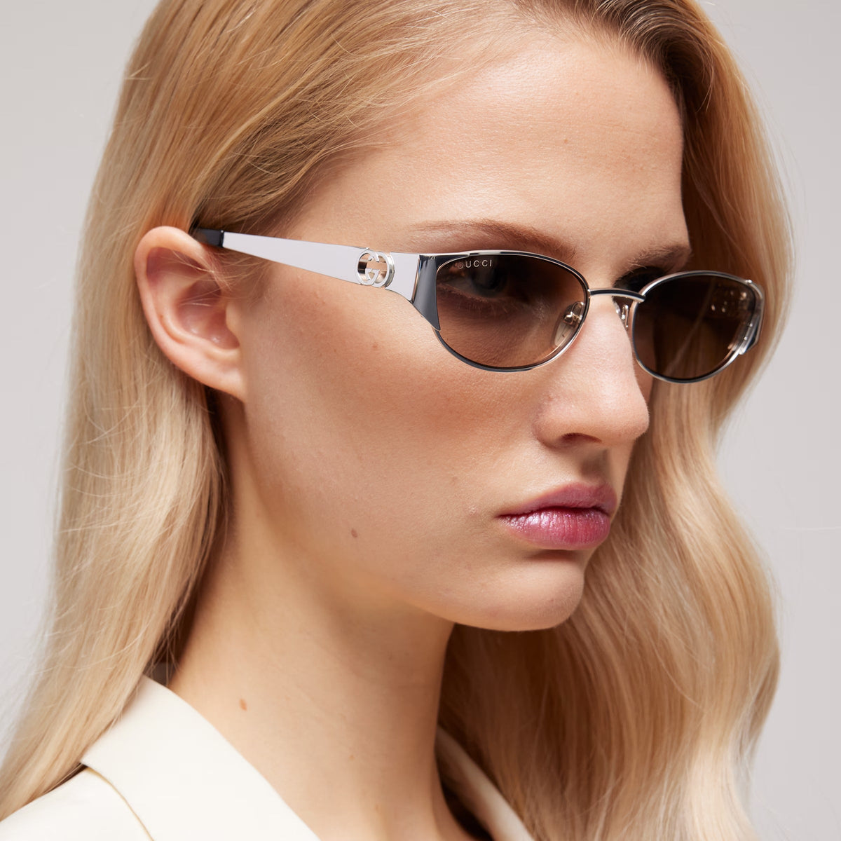 Gucci Women Oval Frame Silver sunglasses