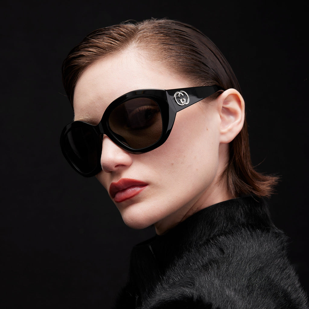 Gucci Women Geometric Frame Shiny Black Sunglasses