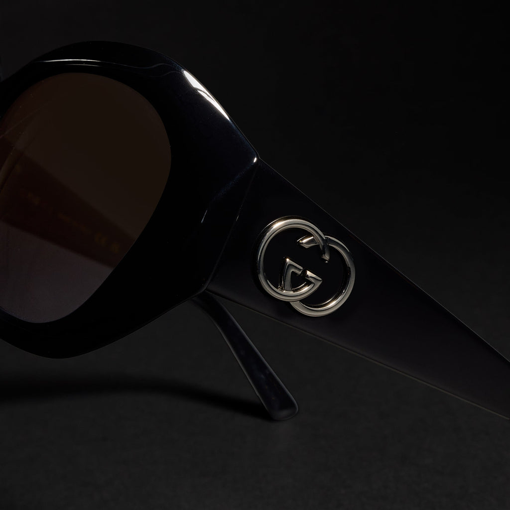 Gucci Women Geometric Frame Shiny Black Sunglasses