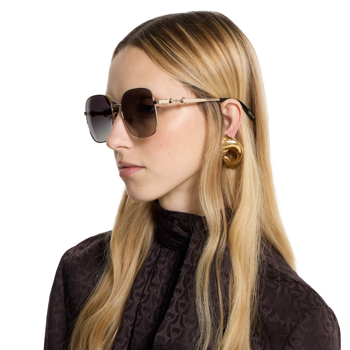 Gucci Women Square Frame Gold Tone Sunglasses