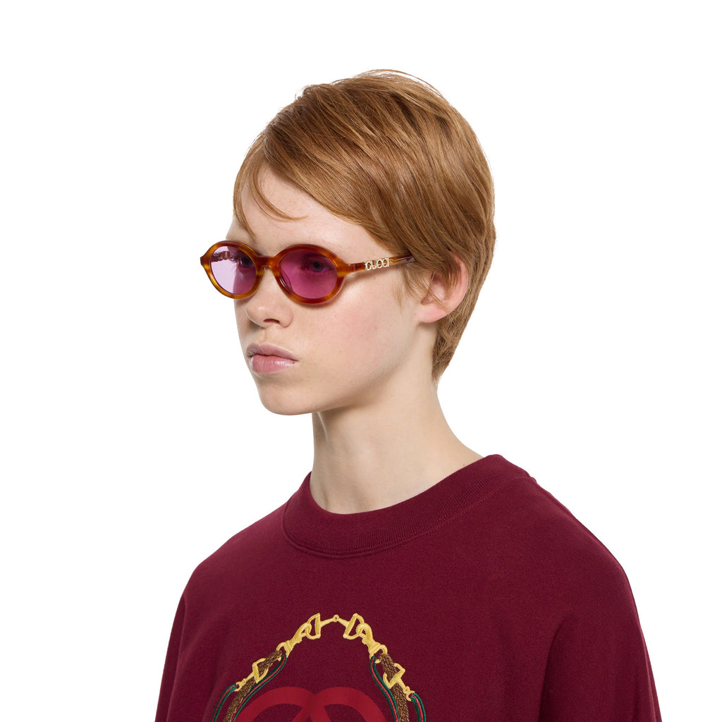 Gucci Women Round Frame Lilac Tortoiseshell Sunglasses