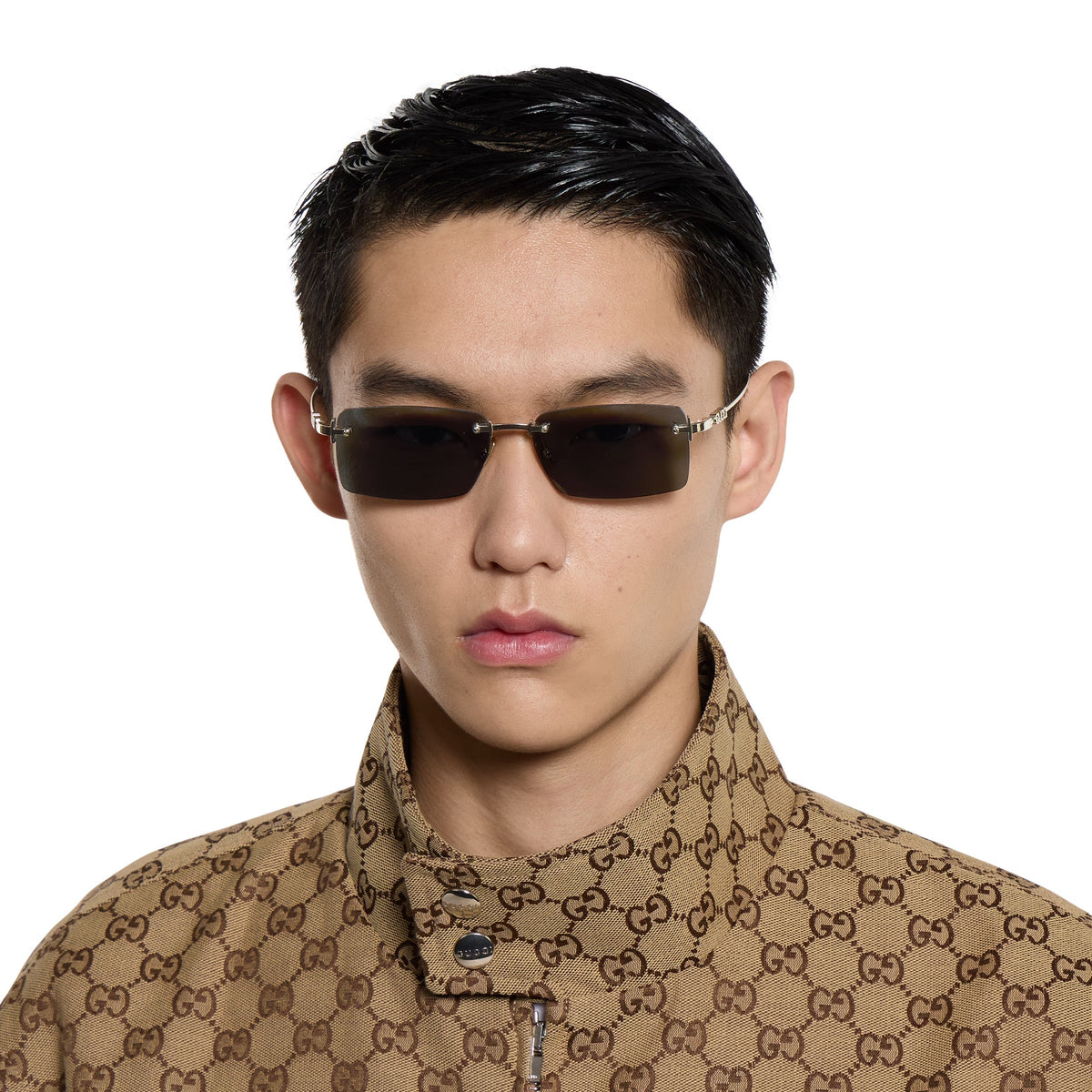 Gucci Men Rectangular Frame Shiny Gold Sunglasses