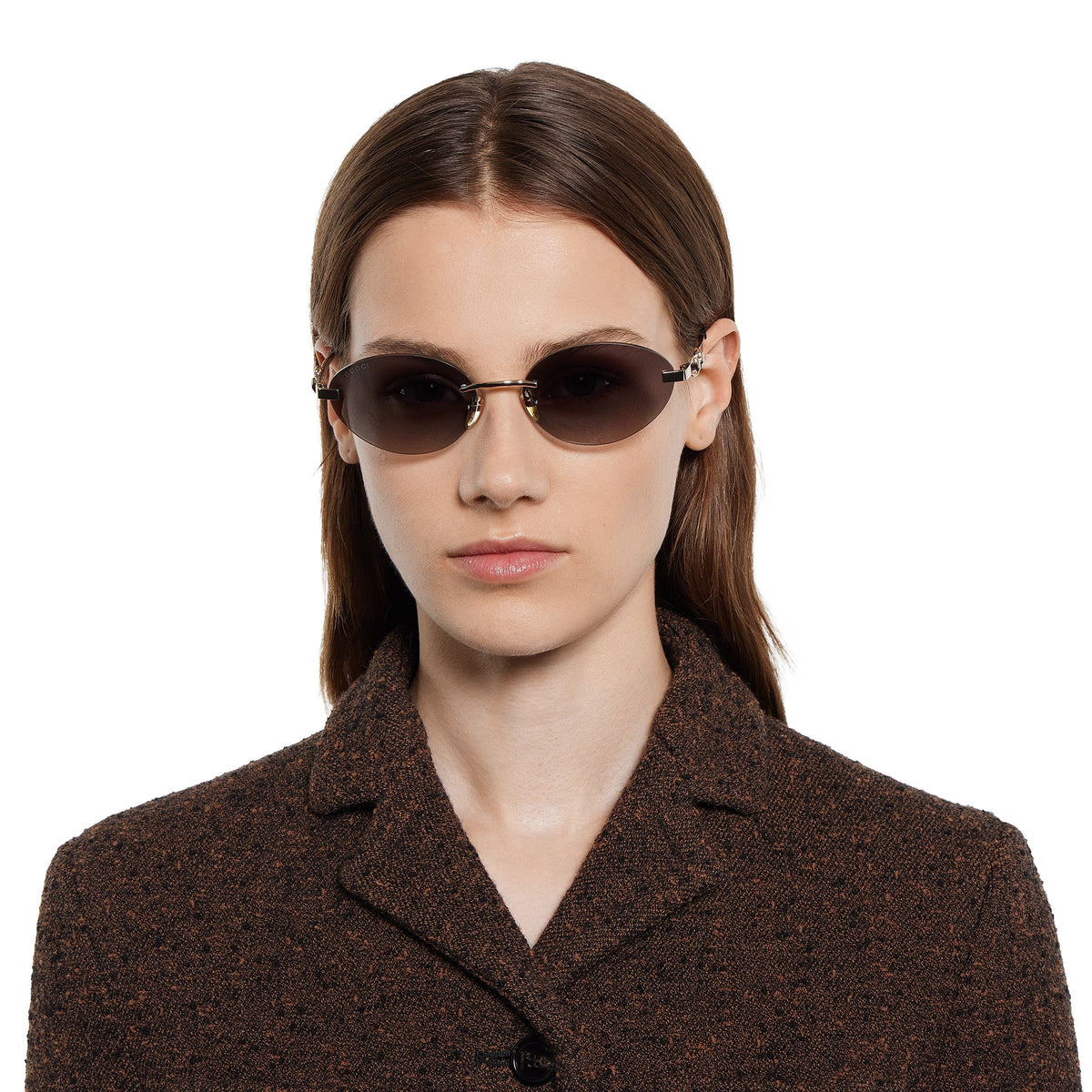 Gucci Women Frameless Oval Frame Gold Toned Sunglasses
