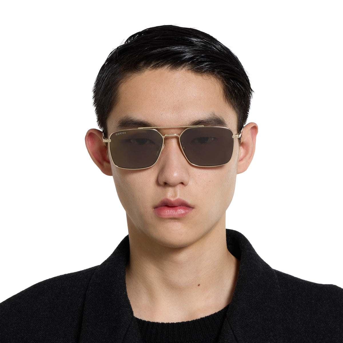 Gucci Men Specialized Fit Rectangular Frame Shiny Gold Sunglasses