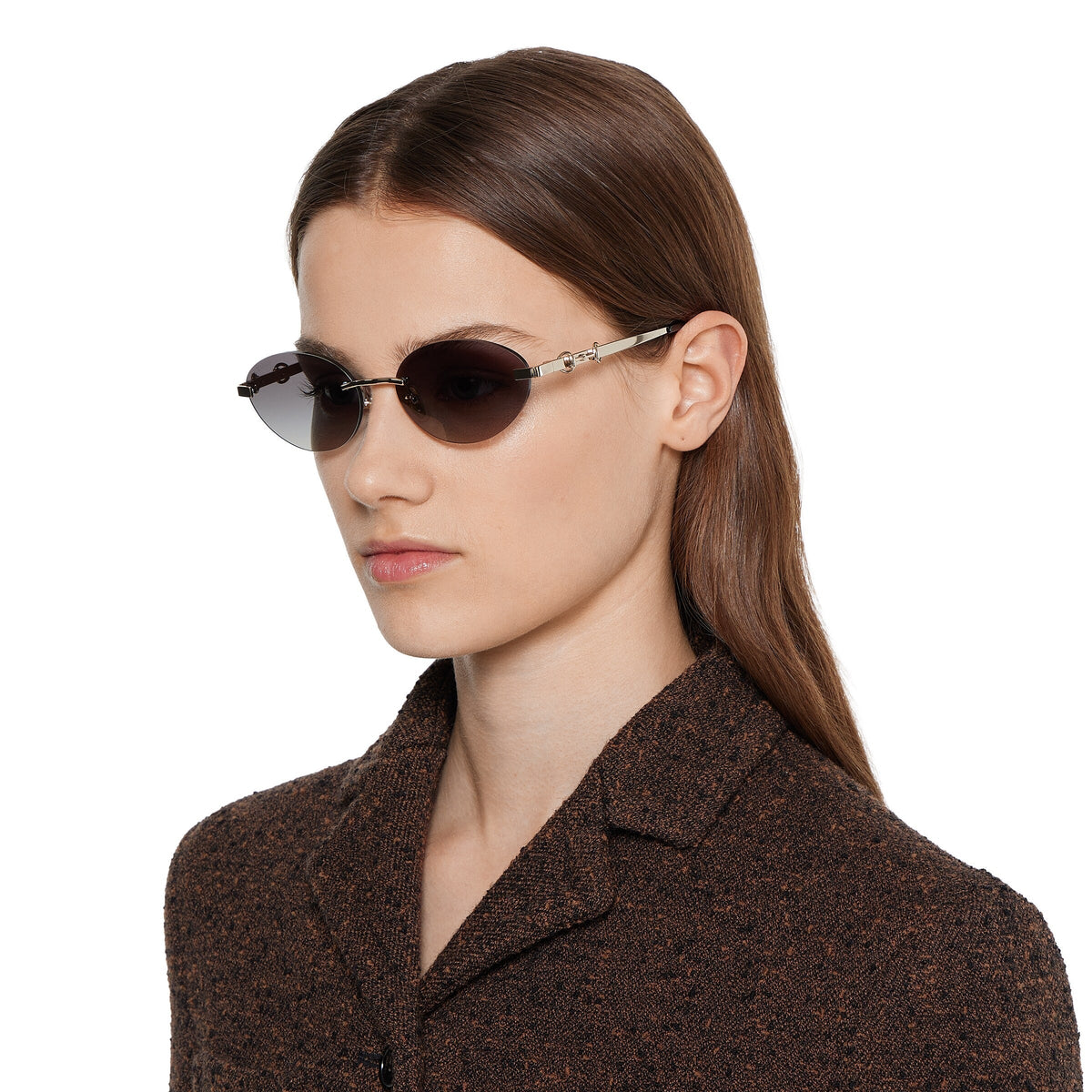 Gucci Women Frameless Oval Frame Gold Toned Sunglasses