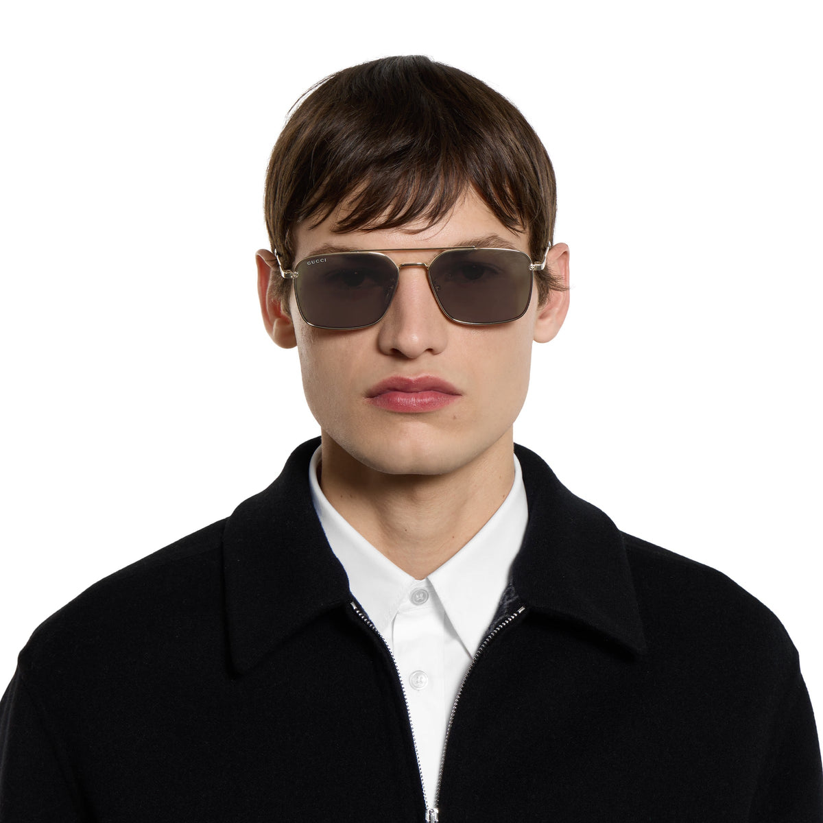 Gucci Men Specialized Fit Rectangular Frame Shiny Gold Sunglasses