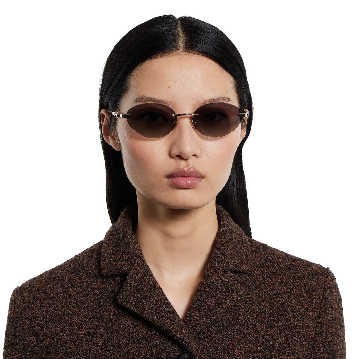 Gucci Women Frameless Oval Frame Gold Toned Sunglasses