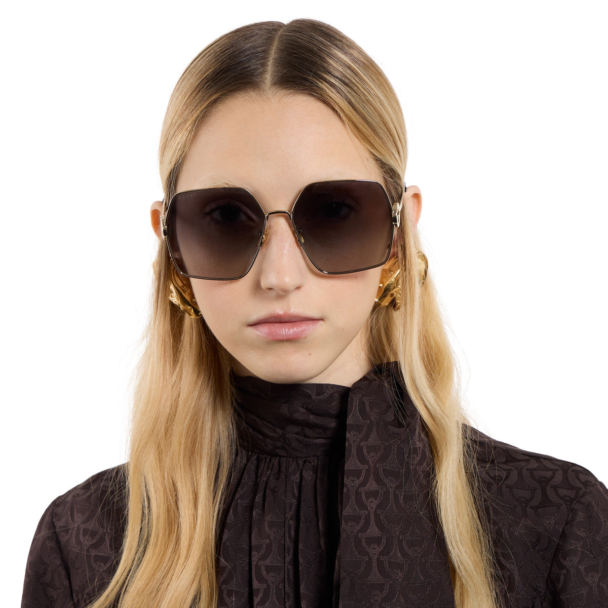 Gucci Women Oval Frame Shiny Gold Toned Sunglasses