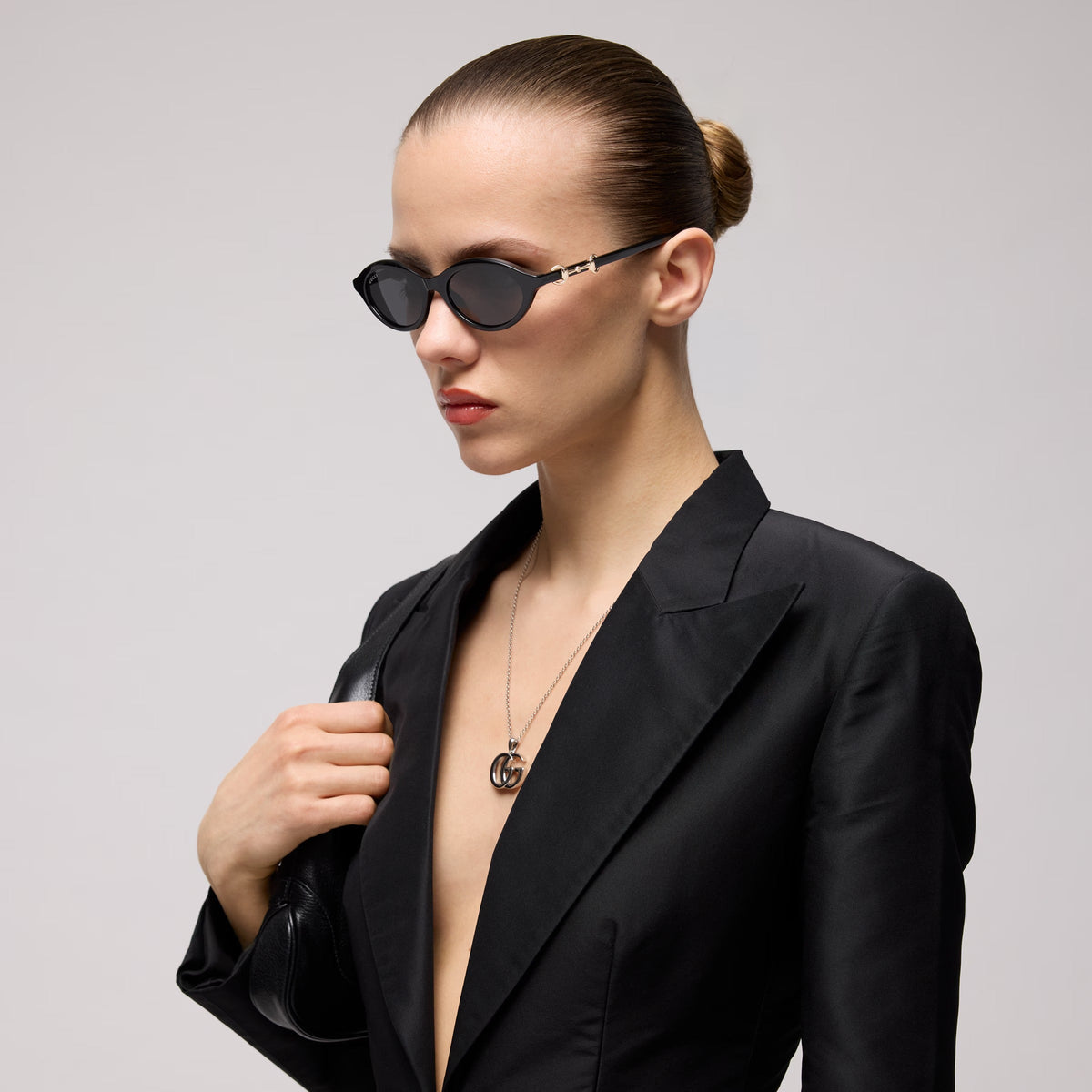 Gucci Women Cat-eye Frame Shiny Natural Black Sunglasses