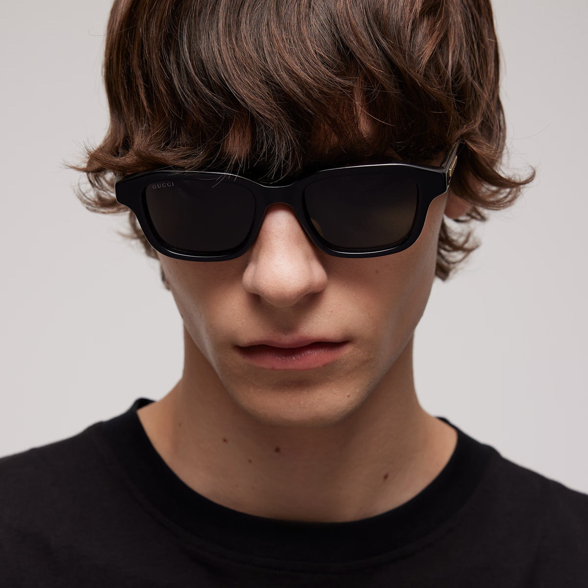 Gucci Men Rectangular Frame Polish Black Sunglasses