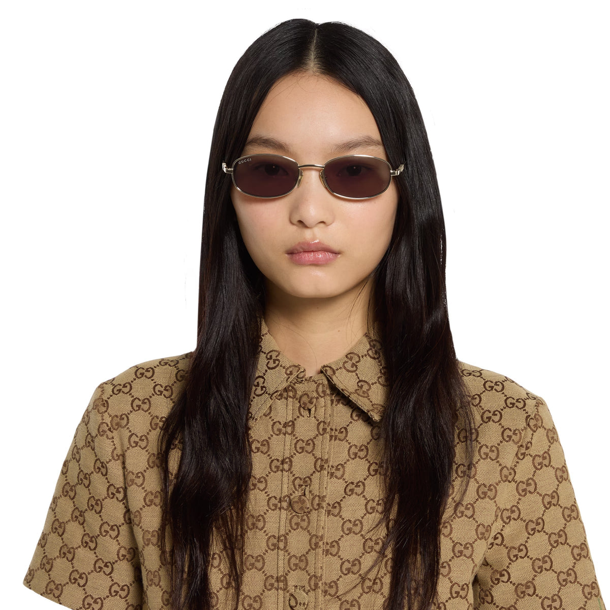 Gucci Women Oval Frame Light Gold Sunglasses