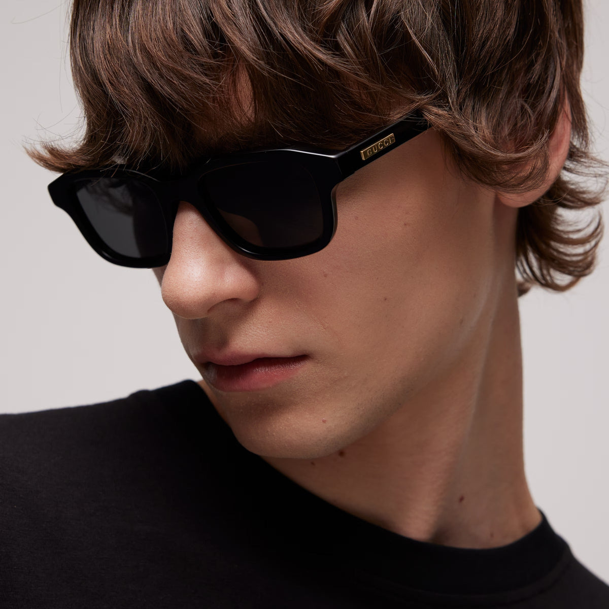 Gucci Men Rectangular Frame Polish Black Sunglasses