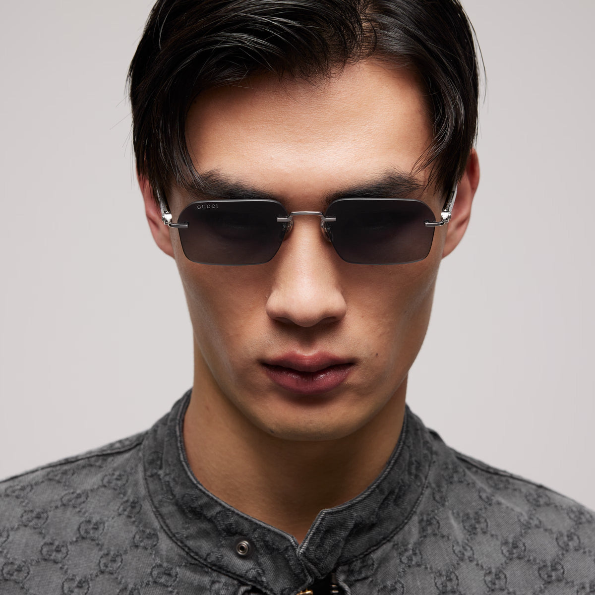 Gucci Men Rectangular Frame Silver Sunglasses