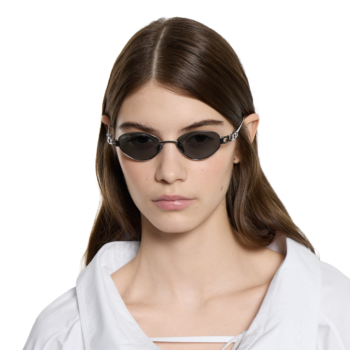 Gucci Men Oval Frame Silver Sunglasses