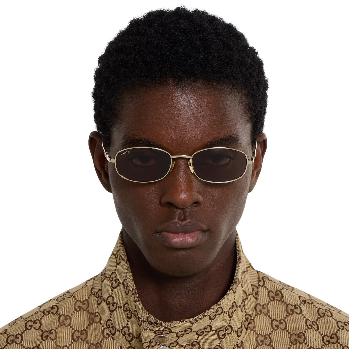 Gucci Men Oval Frame Light Gold Sunglasses