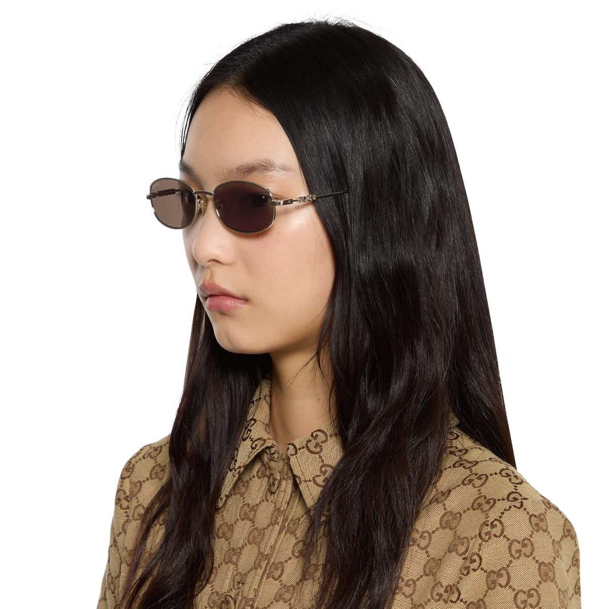 Gucci Men Oval Frame Light Gold Sunglasses