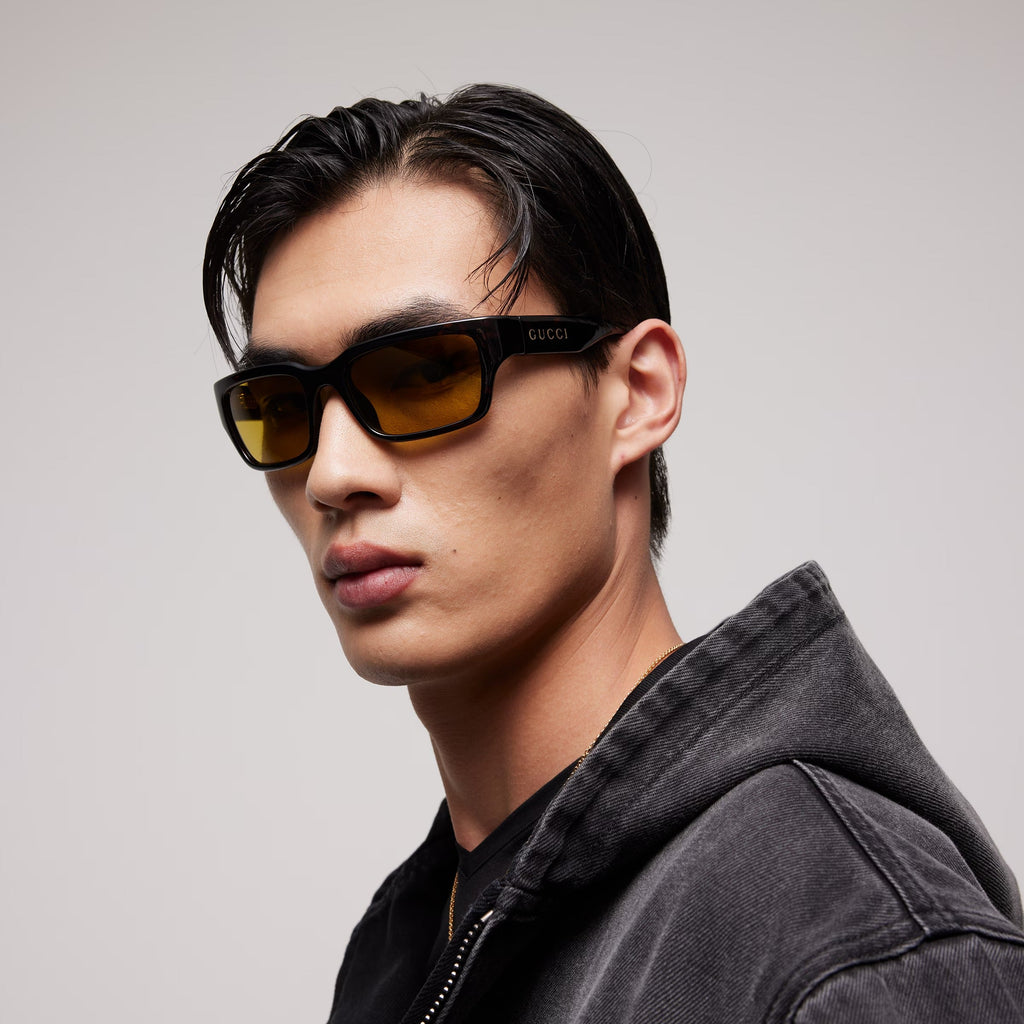 Gucci Men Rectangular Frame Brown Tortoiseshell Sunglasses