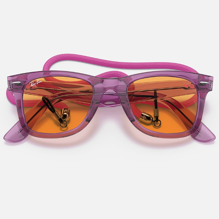 Ray Ban Men Square Frame Polished Transparent Violet Sunglasses