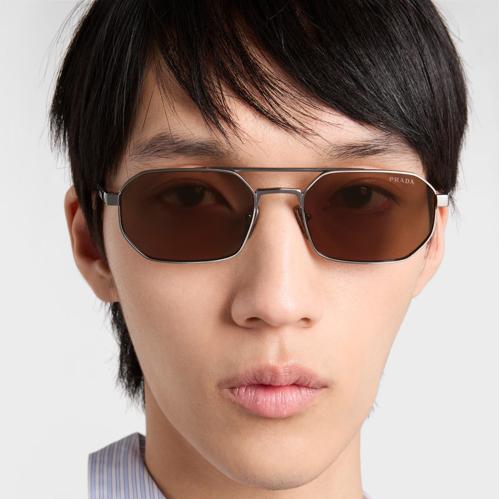 Prada Men Geometric Frame Gunmetal Sunglasses