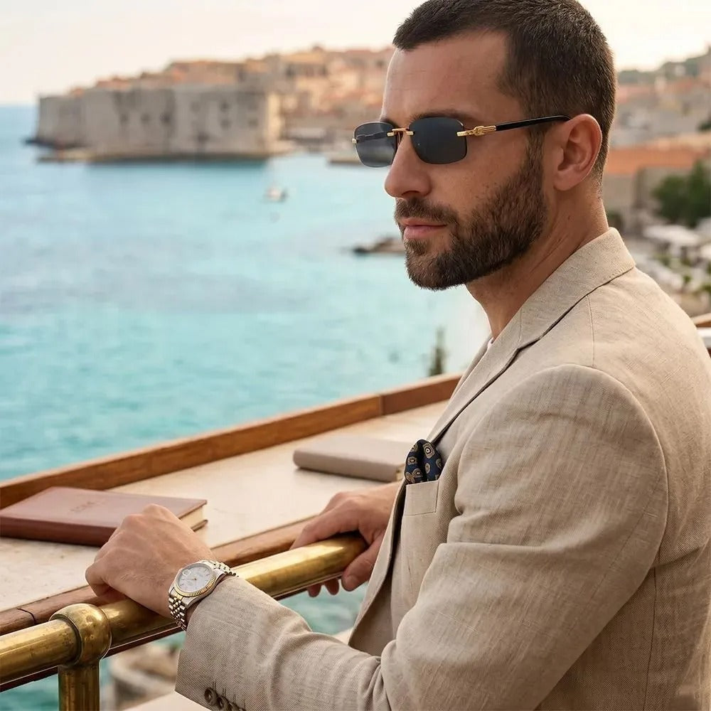 Man in a beige linen suit wearing luxury gold-rimmed sunglasses overlooking a coastal city.