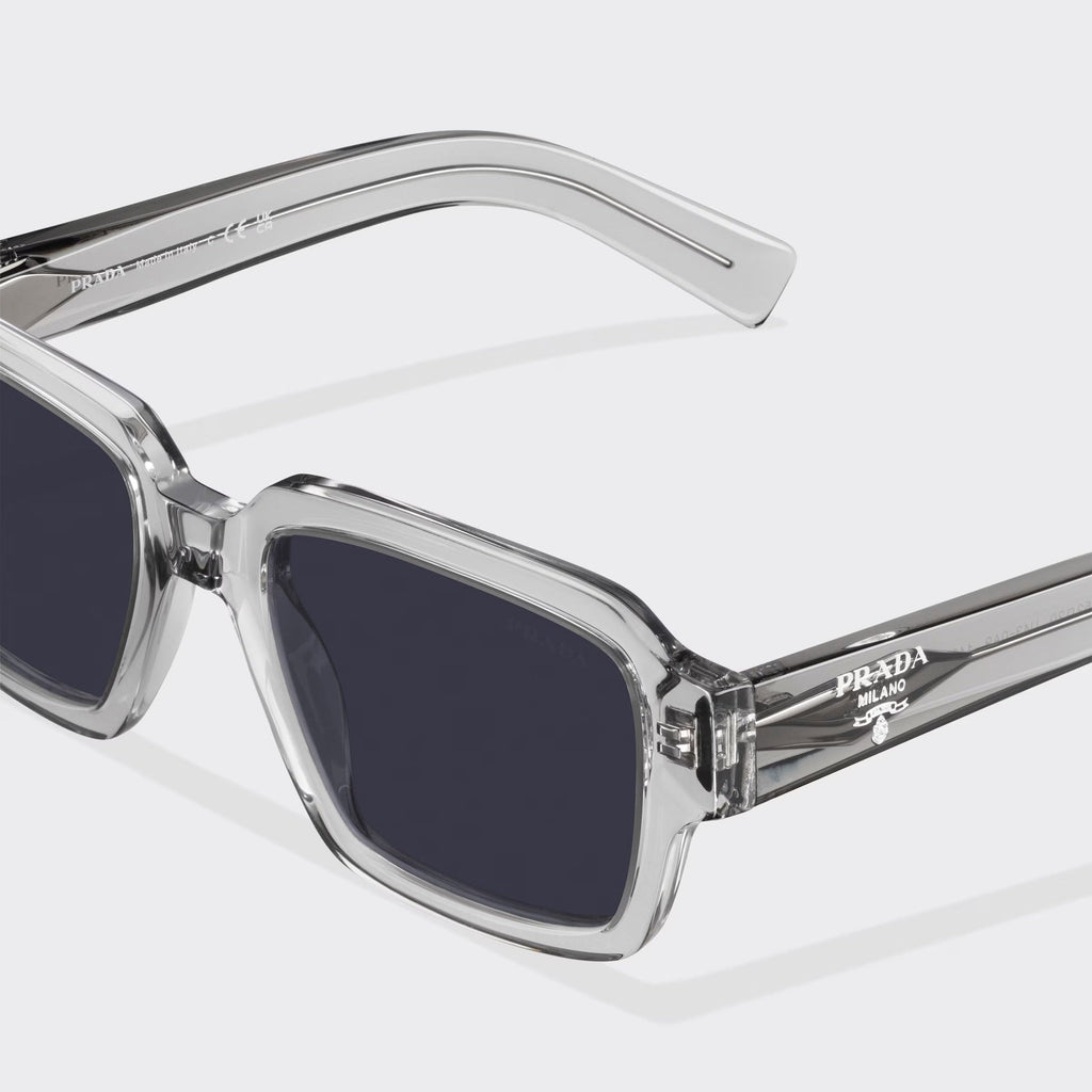 Prada Men Rectangular Frame Crystal Grey Sunglasses