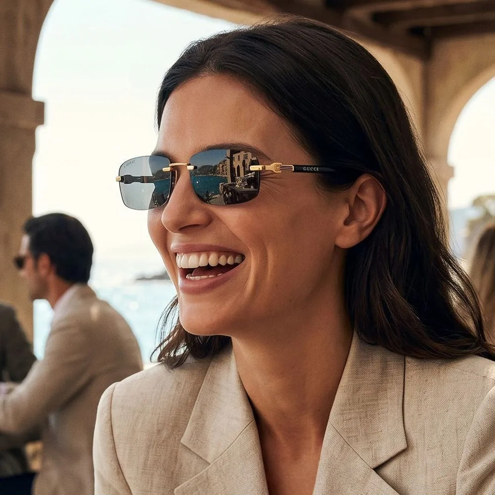Smiling woman wearing luxury gold-rimmed Gucci sunglasses outdoors.