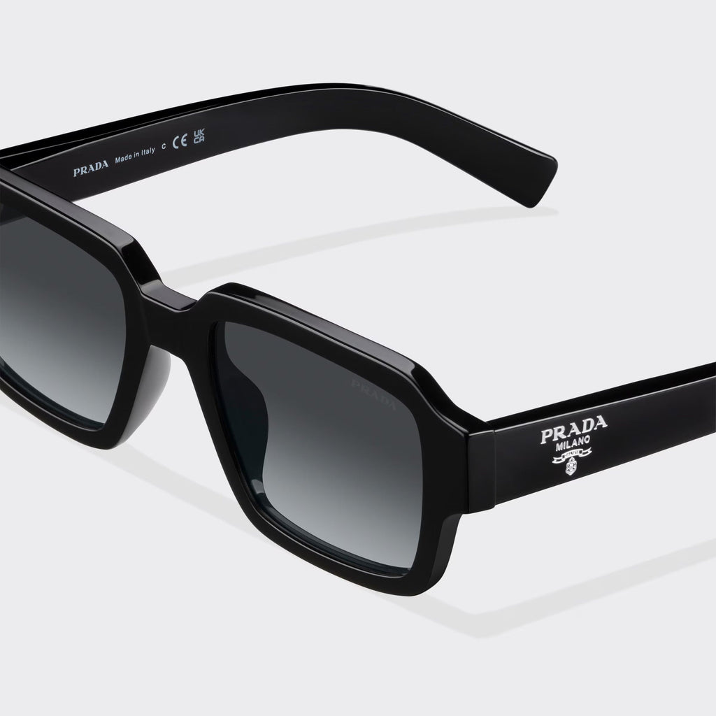 Prada Men Rectangular Frame Deep Black Sunglasses