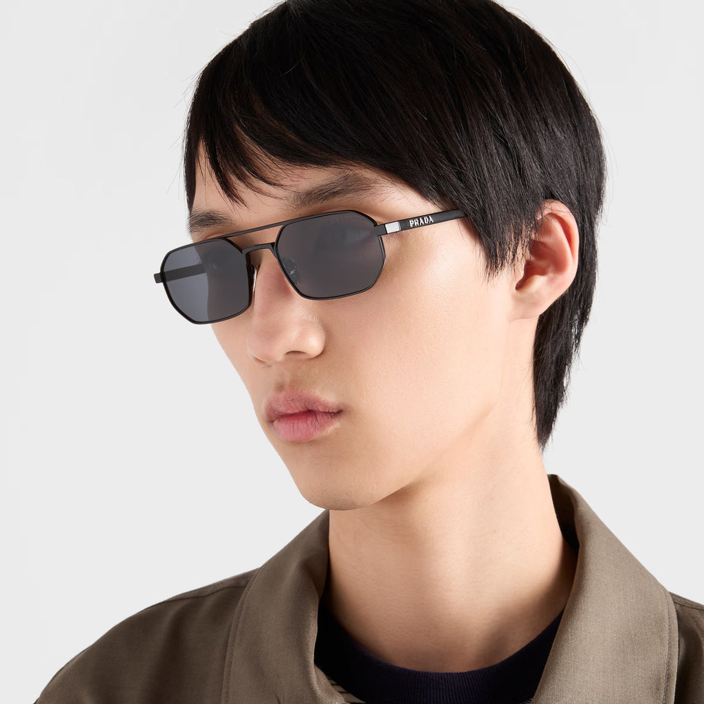 Prada Men Geometric Frame Brushed Black Sunglasses
