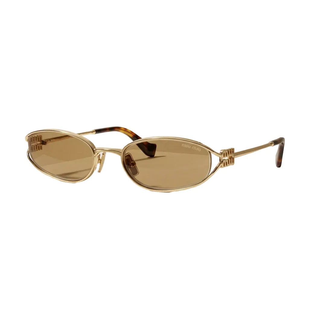 Miu Miu Women Miu Logo Pale Gold / Brown Semi-Rimless Sunglasses