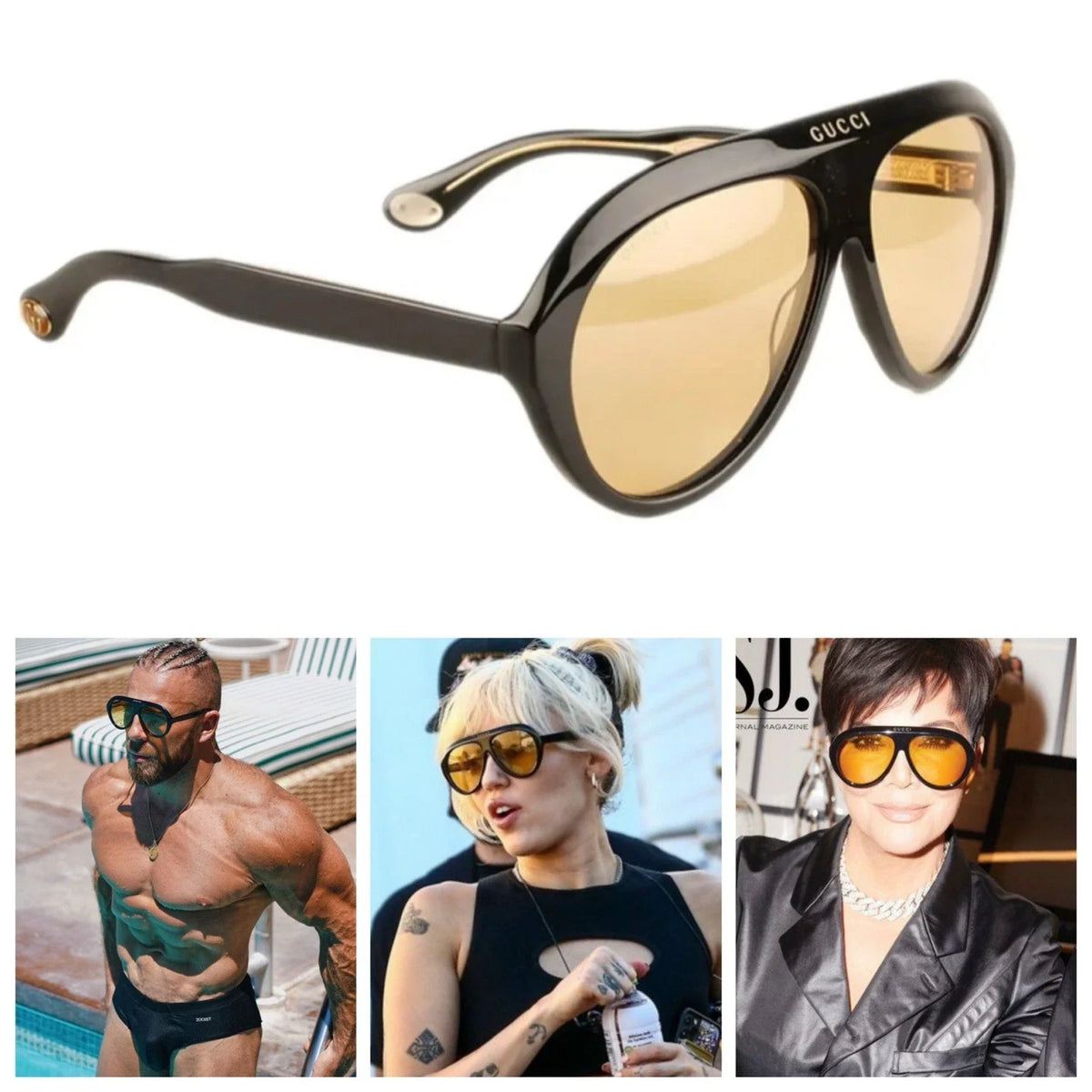 Gucci Unisex Aviator Acetate Black Yellow Sunglasses