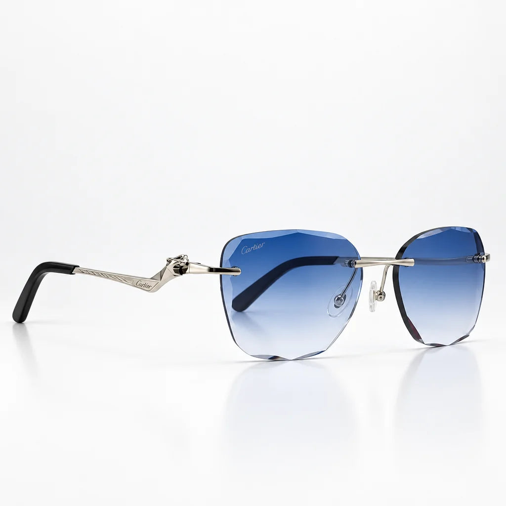Cartier Panthère de Unisex Rimless Rectangular Blue Gradient Split Diamond Cut Sunglasses