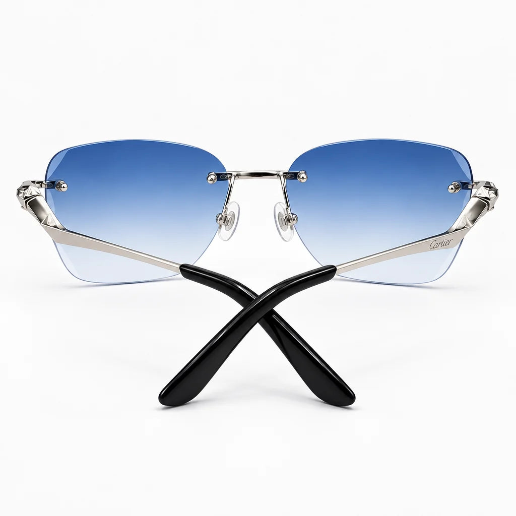 Cartier Panthère de Unisex Rimless Rectangular Blue Gradient Split Diamond Cut Sunglasses