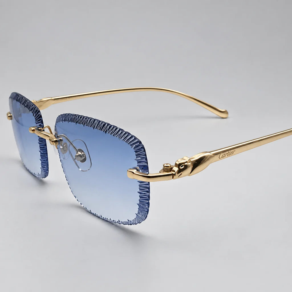 Cartier Panthère de Unisex Rimless Sky Blue Lens Split Diamond Cut Sunglasses